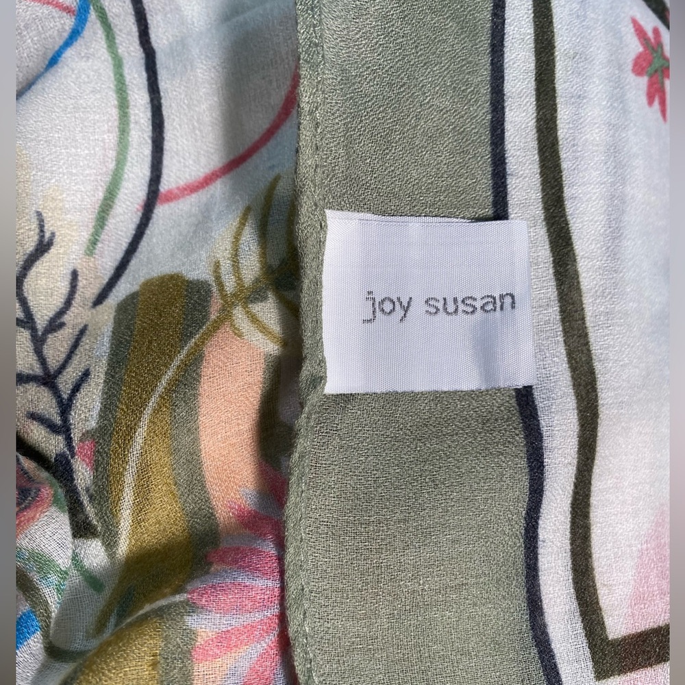 Joy Susan Multi-Color Floral Scarf with Sage Green Border. Lightweight 74” X 31” - Picture 5 of 8